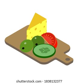 Isometric style icons. Healthy food flat icon isolated on white background. Cutting board with tomato, cucumber, olives and cheese. Vector illustration for infographics, for web design.
