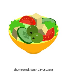 Isometric style icons. Healthy food flat icon isolated on white background. Vector illustration for infographics, for web design. Salad with fresh vegetables, cucumber, tomato, olives and feta cheese.