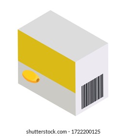 Isometric style of icons. Packaging of fish oil capsules. Omega 3 box icon. Vector illustration isolated on white background.