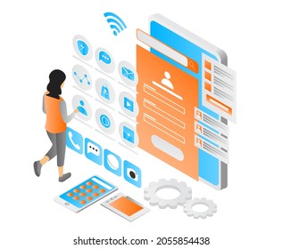 Isometric style illustration about app UI designer work