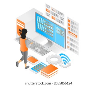 Isometric style illustration about app UI designer work