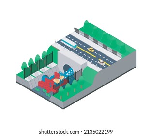 Isometric style illustration about garbage piled up in a river blocking the flow of water