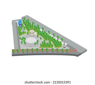 Isometric style illustration about a garden map with a fountain and a statue of a woman