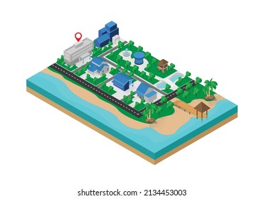 Isometric style illustration about a map of the location of a building in the middle city