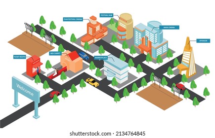 Isometric style illustration about map of the names of buildings in a film festival event