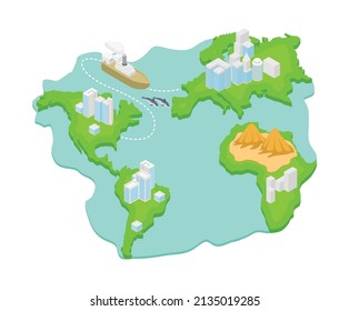 Isometric style illustration about a map of the islands between countries with passing ships
