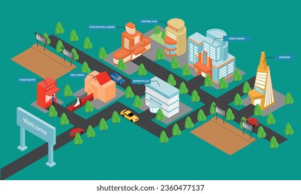 ilustración de estilo isométrico sobre el mapa de los nombres de