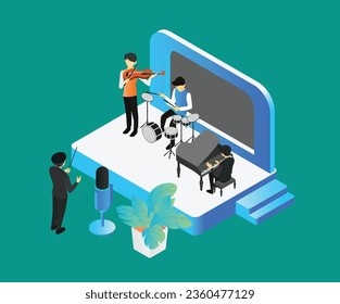 ilustración de estilo isométrico sobre músicos que realizan música