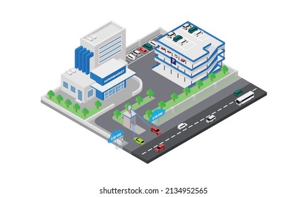 Isometric style illustration about parking lot in supermarket with vehicle license plate sensor