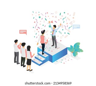 Isometric style illustration about successful business with someone on the podium