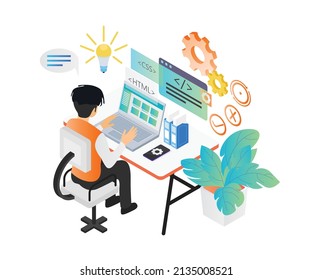 Isometric style illustration about a web programmer working with his computer