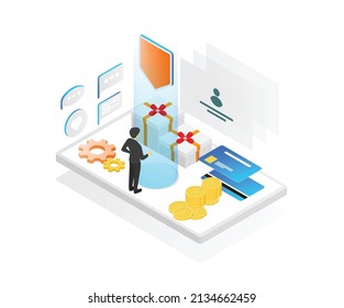 Isometric style illustration of account security and business transactions for app users