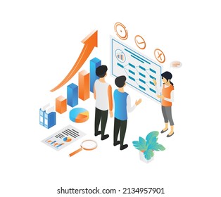 Isometric style illustration of business data analysis results presentation