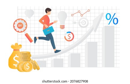 Isometric style illustration of business growth with bar graph and up arrow