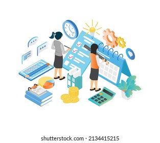 Isometric style illustration of business planning schedule with characters and date