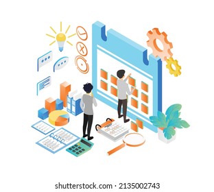 Isometric style illustration of business planning schedule with characters and date