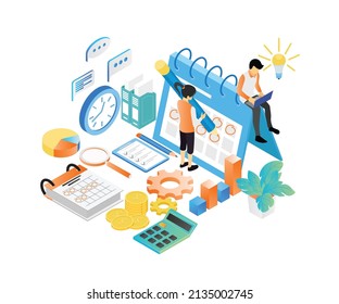 Isometric style illustration of business planning schedule with characters and date