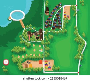 Isometric style illustration of campsite and lodging map