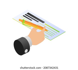 Isometric style illustration of check card signature hand icon