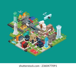ilustración de estilo isométrico del mapa de la ciudad con el parque de la ciudad y