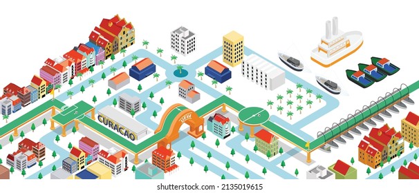 Isometric style illustration of curacao map with buildings and landmarks