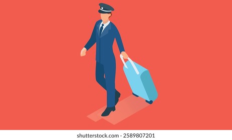 An isometric style illustration of a flight officer standing with a suitcase, representing the professionalism of the aviation industry