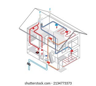 Isometric style illustration of heating pipe installation flow