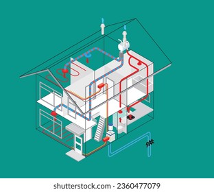 isometric style illustration of heating pipe installation flow