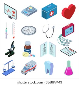 Isometric style illustration icons set of medical inspection. Red heart, medical scales, thermometer, syringe, bacteria, microscope, packaging tablets, tooth, tube, medical kit, heart monitor 