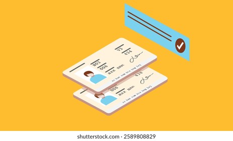 isometric style illustration of an ID card and a driver's license, showcasing their design and essential features, representing identification