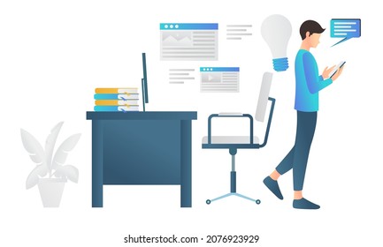 Isometric style illustration of a man reading content via smartphone