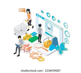 Isometric style illustration of a man shopping in an online store on his laptop