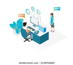 Isometric style illustration of a man and woman working in an office