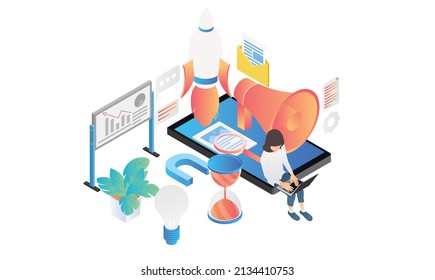 Isometric style illustration of marketing strategy