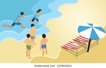 Isometric style illustration on vacation to the beach with friends