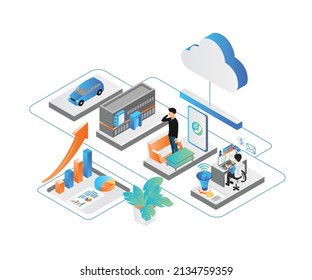 Isometric Style Illustration Of Online Car Rental Marketing With Cloud Data Storage