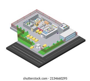 Isometric style illustration of a packaging and shipping factory