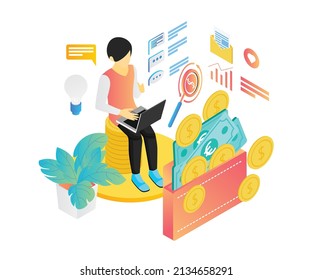 Isometric style illustration of a person getting paid for his work