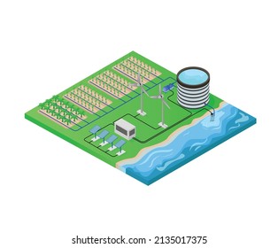 Isometric style illustration of plantation irrigation map with solar panels and windmill