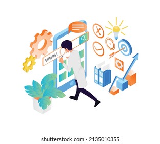 Isometric style ilustración of seo data analysis