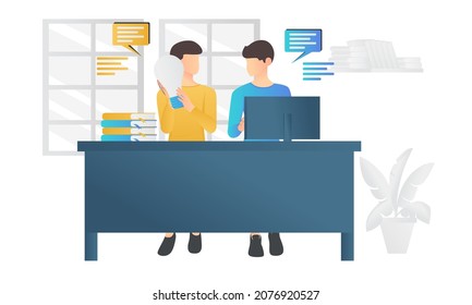 Isometric style illustration of sharing ideas among business workers