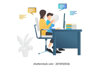 Isometric style illustration of sharing ideas among business workers