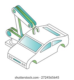 Ilustración de estilo isométrico que muestra la fabricación de automóviles