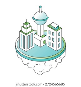 Una ilustración de estilo isométrico que muestra una ciudad flotante