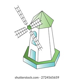 Ilustración de estilo isométrico que muestra un molino de viento