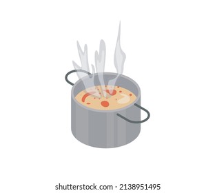 Isometric style illustration of soup in the pan