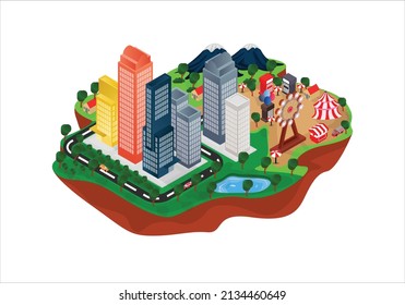 Isometric style illustration suburban countryside map with night market