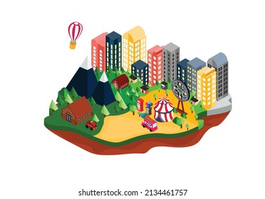 Isometric style illustration suburban countryside map with night market