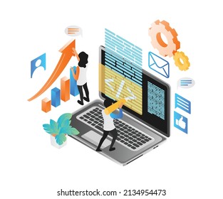 Isometrisches Beispiel eines Teams von Programmierern und Datenanalyse