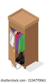 Isometric style illustration of a wardrobe containing clothes and shoes